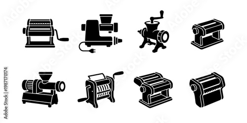 Vintage pasta maker and meat grinder icon set, 8 black silhouette kitchen appliances, manual noodle machine and electric food mincer vector collection