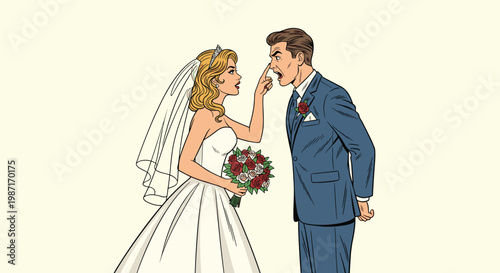 Angry bride and groom in their wedding attire are shouting and pointing fingers at each other in a heated argument in pop art style.