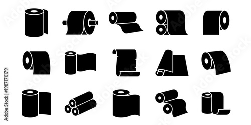 Toilet paper roll icon set, 15 black vector silhouettes of paper towels and bathroom tissue, hygiene and sanitary product symbols for web design
