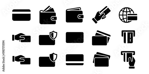 Black credit card icons set, 15 payment and banking vector symbols, minimalist financial wallet and ATM transaction graphics for web design