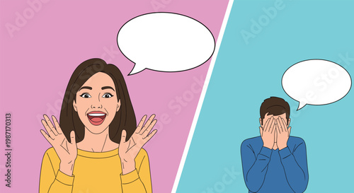 Contrast between a joyful excited woman and a sad man crying with his face in his hands is shown with empty speech bubbles.