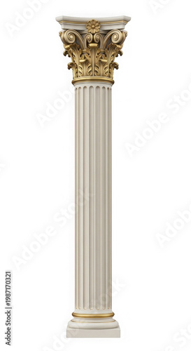 Decorative corinthian column capital with fluted shaft as isolated element