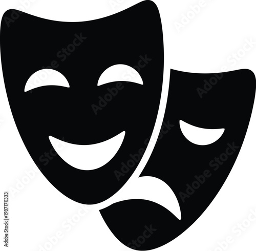 Two comedy and tragedy theatre masks side by side smiling and frowning faces  theatrical symbols