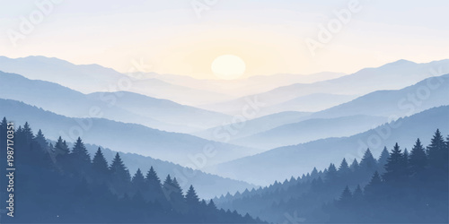 Misty mountain landscape at sunrise with layered hills and forest serene nature background