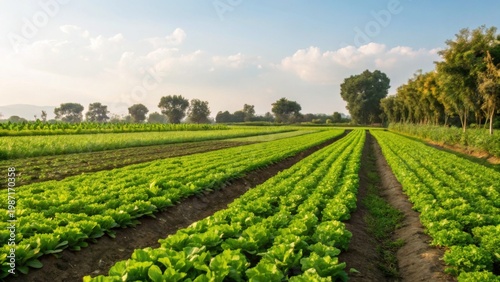 A vibrant green field of crops growing in neat rows under a partly cloudy blue sky with trees lining the horizon.