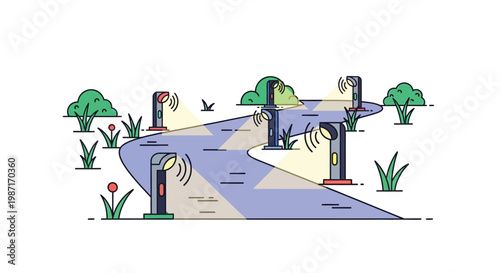 A cartoon illustration of a winding road with sensors and trees on a white background