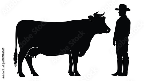 A black silhouette depicts a farmer facing a cow in a rural scene