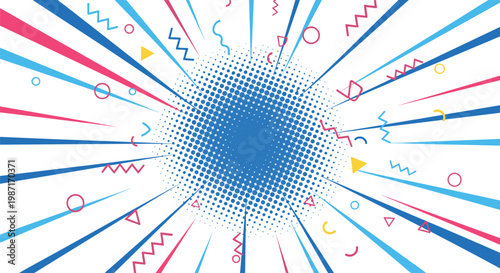 Dynamic abstract background in a comic pop art style features colorful lines, dots, and geometric shapes exploding from a center.
