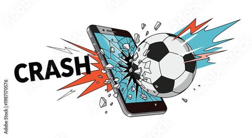 Soccer ball crashing through a smartphone screen with broken glass and explosive comic book style action elements on white background.