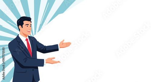 Professional businessman in a navy suit and red tie gesturing with both hands towards empty copy space on a blue sunburst background.