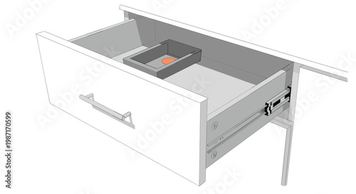 Open white desk drawer showing internal sliding mechanism and a small grey organizer tray with a single orange object inside.