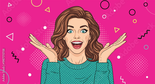 Surprised young woman with hands raised and mouth open in a pop art comic book style against a vibrant pink background with patterns.