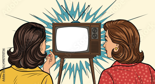 Two women in vintage clothing viewing an old fashioned television set with a glowing blank white screen on a retro burst background.