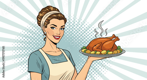 Smiling woman in a domestic apron proudly presenting a large roasted turkey on a serving platter with potatoes and greens for a feast.