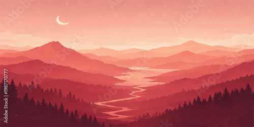 Abstract red mountain landscape background with river valley, layered hills and crescent moon in minimalist scenic style