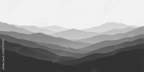 Abstract monochrome mountain landscape background with layered hills and minimal foggy gradient scenery