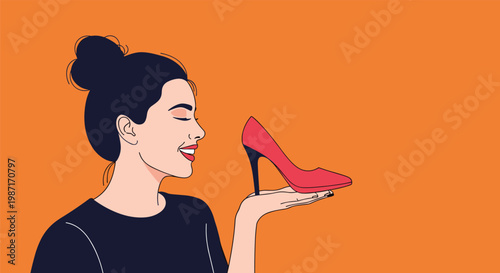 Young woman with her hair in a bun admiring a stylish red high heel shoe held in her palm against a solid orange background.