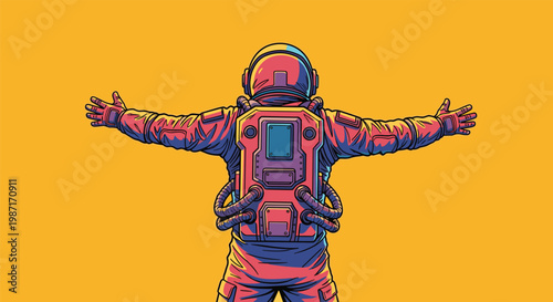 Rear view of an astronaut in a full space suit standing with arms wide open against a solid bright orange background.