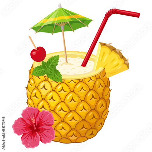 Tropical summer cocktail in pineapple with hibiscus flower. Colorful refreshing drink with cherry and mint. Isolated on white background.