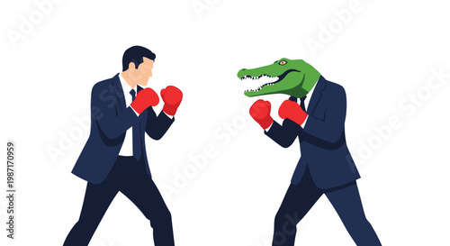 Businessman in a suit and boxing gloves fighting a surreal opponent with a crocodile head in a suit on a plain white background.