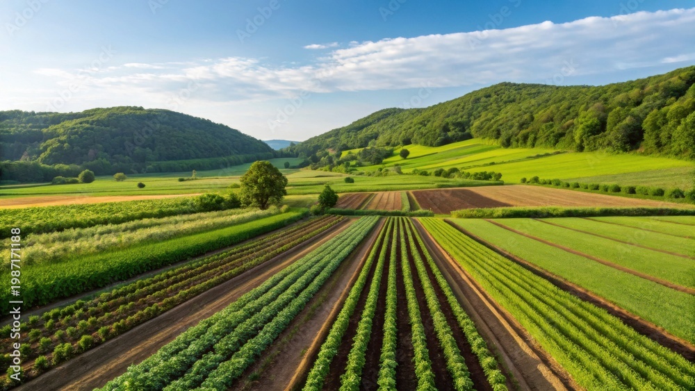 Naklejka premium A lush green valley with neatly planted rows of crops, surrounded by forested hills under a partly cloudy sky.