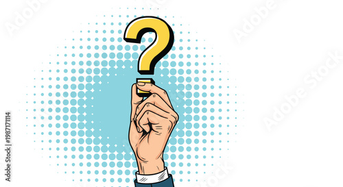 Human hand in a suit sleeve holding a large yellow three-dimensional question mark against a blue dotted pop art background.