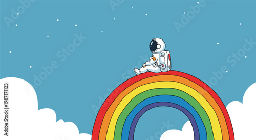 Small astronaut in a white suit sitting peacefully on top of a colorful rainbow arch against a blue starry sky with white clouds.