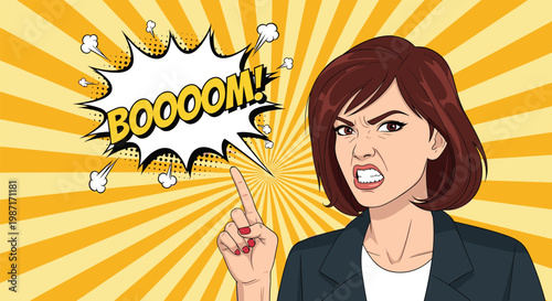 Angry woman in a dark blazer pointing her finger and yelling with a large boom explosion sound effect in retro pop art style.