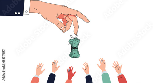 Giant hand in a suit dangling a bundle of cash on a string over many smaller hands reaching up for money on white background.