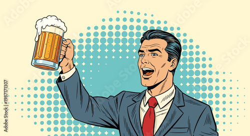 Cheerful man in a grey suit and red tie raising a large foaming glass mug of beer in a celebratory toast gesture.