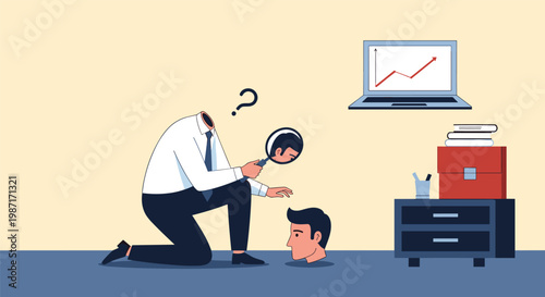 Surreal illustration of a headless businessman kneeling and examining his own head on the ground with a magnifying glass in an office.
