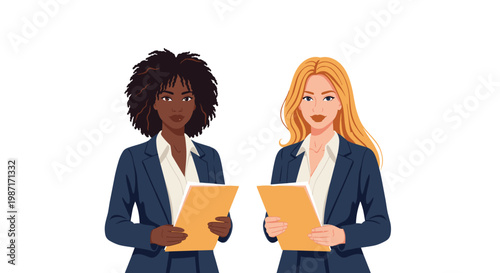Two professional businesswomen of different ethnicities standing together while holding folders against a plain white background.