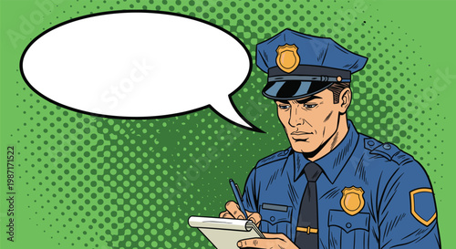 Police officer in blue uniform and cap writing notes in a small book with an empty speech bubble on a green dotted background.