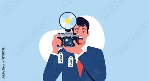 Male press photographer in a stylish suit capturing an important event with a professional camera and large flash bulb.
