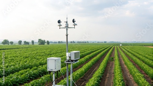 A weather station with sensors is installed in the middle of a large, green agricultural field under a partly cloudy sky.