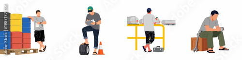 Collection of flat vector illustrations showing industrial workers engaged in logistics tasks like inventory checking, fuel transport management, and taking a well-deserved break.