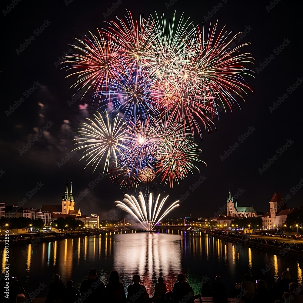 Fototapeta premium Fireworks Display Over Cityscape Reflecting in River at Night.