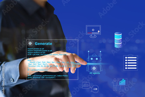 AI agents for smart business showcasing robot assistant interface, generative AI, chat automation, and data analytics on virtual , mobile and tablet , representing artificial intelligence. 