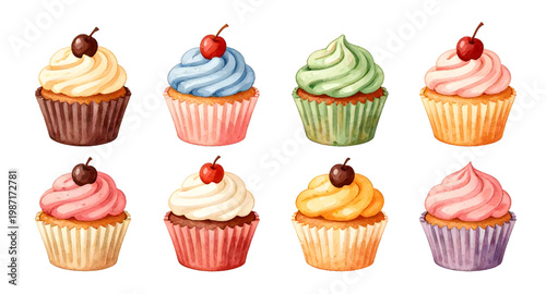cupcake collection, colorful cupcakes, dessert clipart, bakery sweets, frosting cupcakes, decorated cupcakes, sugar dessert, pastry set, sweet treats, cupcake illustration, food vector, party cupcakes