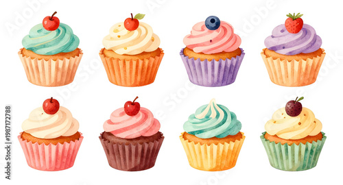 cupcake collection, colorful cupcakes, dessert clipart, bakery sweets, frosting cupcakes, decorated cupcakes, sugar dessert, pastry set, sweet treats, cupcake illustration, food vector, party cupcakes