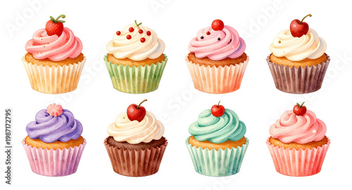 cupcake collection, colorful cupcakes, dessert clipart, bakery sweets, frosting cupcakes, decorated cupcakes, sugar dessert, pastry set, sweet treats, cupcake illustration, food vector, party cupcakes
