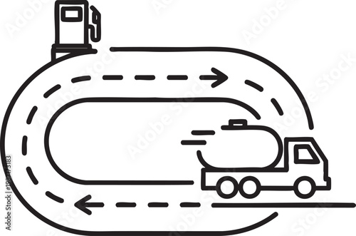 Fuel delivery tank truck route icon with delivery transport gasoline