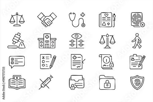 Law and Healthcare Icons Featuring Security Contracts and Records