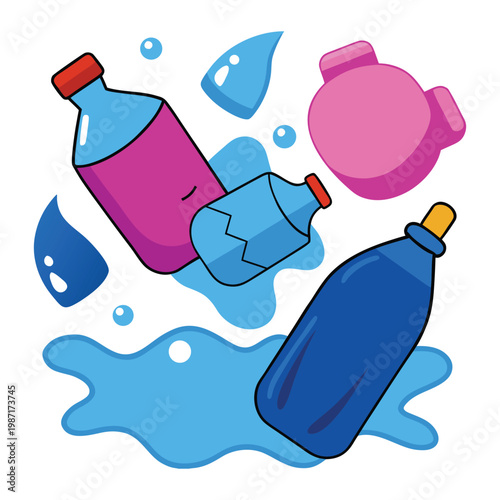 Plastic bottles and torn bags drift across polluted waters, forming a grim mosaic of waste. They choke ecosystems, harm wildlife, and reflect the urgent need for cleaner habits.
