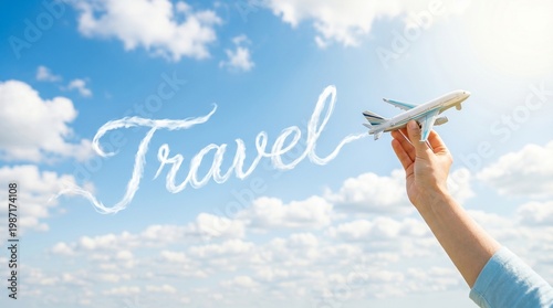 Hand holding model aircraft in sunny sky with travel smoke trail. Minimalist creative concept for airline promotion summer holiday trip and fast air transportation services background.