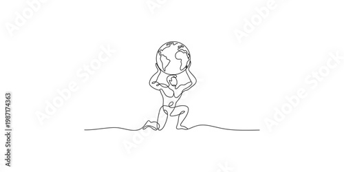 A line drawing of a person holding up the earth on their shoulders in a heroic pose on white background