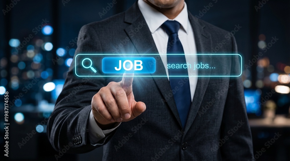 Obraz premium Business man in suit pointing at job search bar interface at night. Recruitment, hiring, career opportunity and human resources concept. Professional worker looking for new work vacancy.