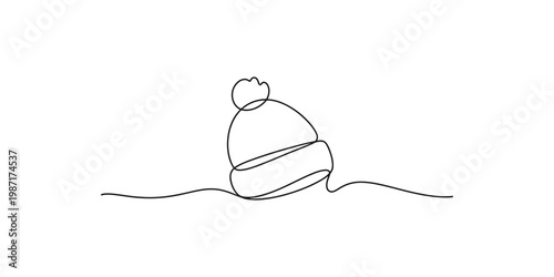 Continuous line drawing of a winter hat with a pom pom on a white background