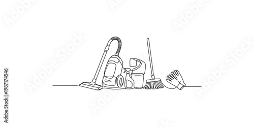 A line drawing of cleaning supplies including a vacuum and broom on a white background