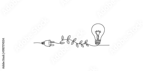 Continuous line drawing of a light bulb connected to a power plug with a leafy vine, symbolizing ecofriendly energy and sustainable ideas on a white background